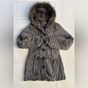 BKE Women’s Sz Small Brown Long Winter Jacket Ruched Velour Details Faux Fur
